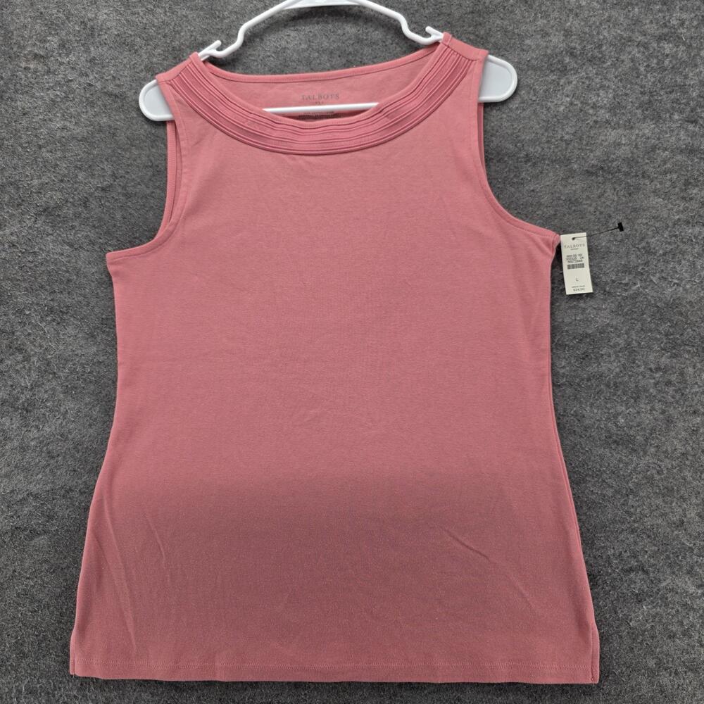 Talbots Tank Top Womens L Pink 100% Cotton Pleated Neck Basic Summer Casual